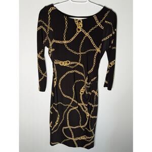 Lauren Ralph Lauren Black Gold Chain Belt Rope Print Dress Size 4 Equestrian
